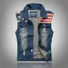 FALIZA Veste pour hommes Veste plissée Design Denim Vest America Flag Blue Gilet sans manches Jeans Vestes Hip Hop Jean Manteaux MJ102 201126