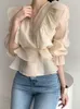 Design Sense Niche Minority Top Blouse Woman Vintage Ruffle Short Sleeve V-neck Sweet Chiffon Thin Shirt Fashion Girl Tops