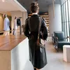 Vrouwen Trenchcoats Mode Leren Jas Voor Vrouwen Lange Mouwen Revers Losse Pasvorm Herfst Zwarte Kleding Streetwear Bovenkleding Lente Herfst