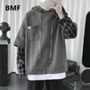 Men's Hoodies & Sweatshirts Hip Hop Fake Two-Piece Oversized Plaid Hoodie 2021 Korean Clothes Kpop Fashion Sweatshirt Man Ulzzang Streetwear