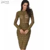 Venda Por Atacado Novo Sexy Mulheres Vestido Malha Botão Estruturado Olive Vermelho Preto Neck High Bodycon Celebridade Pista de Pista Bandage Vestido 201204