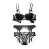 CYHWR femmes soutien-gorge sexy ensemble intimes broderie demi-tasse lingerie fine tentation soutien-gorge noir et culotte avec jarretelles ensembles 3pcs / Lot 201202