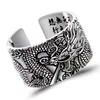 Real 925 Pure Silver Mens Biker Rings With Flying Dragon Vintage Punk Style Heart Sutra Engraved Buddhism Animal Jewelry 220217