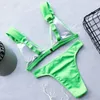 Bikini côtelé vert fluo string femme maillot de bain coupe jambe haute femmes anneaux maillots de bain deux pièces Bikini ensemble Push up maillot de bain T200508