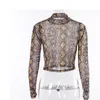 Casual Green Snake Print T Shirt Women Mesh Top Long Sleeve Transparent Snakeskin Female T-shirt High Neck Crop Tops