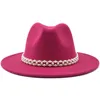 Широкие шляпы Breim 2021 женщин имитация шерстяная войлока Fedora мода партии женское платье шляпа жемчуга ленты декор белый Hat1