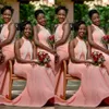 2023 African Blush Pink Bridesmaid Dresses Wedding Guest Dress Mermaid Halter Pearls Floor Length Plus Size Country Maid of Honor Gowns