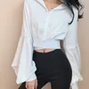Herbst Neue Shirts Frauen V-ausschnitt Taste Langarm Sexy Casual Crop Tops Weibliche Outdoor Koreanische Stil Mode Chiffon Hemd 201202