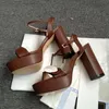 Sommersandalen für Damen, dicker Boden, Schnürung, High Heels, Leder, modische Damenschuhe, Metallschnalle, Designer-rote Schuhe, Damen-Hochzeitsschuhe