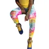 Conception Femmes Tie Dye Imprimer Trou Crayon Jeans Sexy Casual Taille Haute Denim Pantalon Mode Pantalon