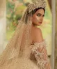 Luxurious Gold Vintage Wedding Dresses Plus Size Off Shoulder Long Sleeves Lace Sequined Bridal Gowns A Line Backless vestido de novia