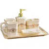 Acessórios de casa de banho Conjunto de titular de dentes de cerâmica Soap Dish Dish Dish Soap Dispenser Gargarle Cup Dew Recipiente 5 pcs por Set LJ201204