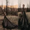 2020 Gotik Siyah Vintage Gelinlik Bir Çizgi V Boyun Dantel Aplikler Tül Illusion Backless Sweep Tren Artı Boyutu Örgün Gelinlikler