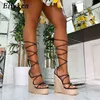 Eilyken 2022 Nya Champagne Guldkvinnor Sandaler Svart Lace-up Peep Toe Sommar kilar Högklackat Storlek 35-42 Eleganta Sandaler Y220209