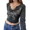 T-shirt da donna T-shirt a maniche lunghe Crop Top Floral Graphic Print T Shirt Slim Fit Blusa Top Fairy Grunge 90s E-Girl Streetwear