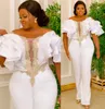 Plus Size Arabic Aso Ebi Luxurious White Jumpsuits Prom Dresses Scoop Beaded Crystals Evening Formal Party Second Reception Birthday Engagement Gowns Dress 407