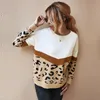 Moda leopardo retalhos outono inverno 2020 senhoras tricotadas camisola mulheres o-pescoço de manga cheia jumper pullovers top khaki marrom