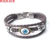 Wojiaer Blue Lucky Evil Ey Eye Leather Braid Bracelet para Homme Multi-camada preto Casal Bracelets Gift BC003