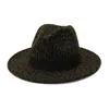 FS Beige Flat Brim Wool Feel Jazz Fedora Hats Men Women Leoparard Rib Band Decor Trilby Panama Формальная шляпа Осенняя зимняя капля3440436