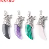 WOJIAER Wolf Tooth Men Necklace Fashion Natural Lapis Quartz GemStones Alloy Wolf Head Drop Pendant Chain Jewelry BZ904