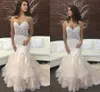 Fırfır Denizkızı düğün Elbise Champagne 2021 Spagetti sapanlar Boncuklu Dantel Aplike Tül Resmi elbise Parti Kadın Gelinlik