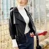 FTLZZ Women Pu Leather Jacket Coat Female Slim With Belt Three Quarter Sleeve Short Faux Leather Jacket 201030