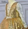 2021 Gold Sequined Tulle Toddler Girl Party Dresses WIth Poet Long Sleeves White Applique Beads Flower Girls Dress For Wedding Graduation