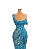 Luxuriöse Meerjungfrau-Abendabend-Abendkleider für Damen 2022, glitzernde Pailletten, blau, einschulterlang, kurze Ärmel, formelle Abschlussball-Party-Kleider