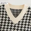 Zevity Women Vintage V Neck Houndstooth Print Knitting Vest Sweater Female Side Split Pullover Chic Leisure Jumper Tops S448 201221