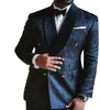Double Breasted floral Men Suits for Wedding Slim Fit Navy Blue Groom Tuxedos 2 Piece Set Jacket with Pants Male Fashoin Clothes 201106