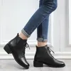 Lisunny Nieuwe schoenen vrouwen Europese stijl Ankle Boots Flats rond teen Zwarte elastische bandlaarzen echte lederen vrouw schoenen1