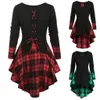 Plus Size Tops Long Sleeves 5XL For women Plaid Lace Up Asymmetrical High Low Tops Female O-Neck T-shirt Tops de mujer 201028