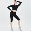 Kobiety Joga Zestaw Odzież Fitness Z Zipper Z Długim Rękawem Koszula Szorty 2 sztuk Zestaw Sports Stroje Aktywne Nosić Długość Knee Dres Trening Dres