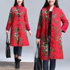 Chinese Red Floral Women Winter Warm Long Jacket Vintage Padded Coat Female Blue Flower Winter Quilted Parka Ladies Windbreaker 201127