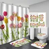 Cortina de chuveiro estampada de flores grandes rosa Conjunto com tapete Antislip Carpet Bathtub Tela da decoração de banheiro à prova d'água com ganchos 24960183