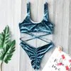 Sexy Bikini de terciopelo 2020 Mujer azul degradado Push Up traje de baño brasileño bañistas encaje hasta vendaje Tanga traje de baño Biquini LJ200814