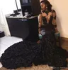 Sheer Long Sleeve Black Girls Prom Dresses Mermaid Jewel Neck Tulle Lace Appliques Flower Zipper-Up Court Train Party Gowns