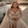 Dubai Mermaid Wedding Dress With Detachable Glitter Sequins Long Sleeve Robe De Marie Sweep Train Church Champagne Bridal Gown
