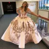 Rose Pink Quinceanera Dresses Sequined Off The Shoulder Neck Appliqued Sweet 16 Dress Sweep Train Satin Masquerade Gowns