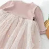 Humor Bär Baby Mädchen Kleidung Set Sterne Mond Dekoration Mesh Kleid Langarm Body Kostüm Kleidung 211231