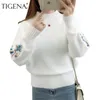 TIGENA Maglione a collo alto con ricamo Donna Inverno Spessore caldo Donna Pullover e maglioni Donna lavorato a maglia Pull Femme Rosso 201030