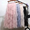 Fashion Tutu Tulle Skirt Women Long Maxi Skirt Spring Korean Black Pink High Waist Pleated Skirt Female T200324