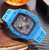 Montre de Luxe Mens Skeleton Watches All Pointer Work Battery Quartz Movement Watch Rubber Stap Colorful Chronograph Wristwatch240e