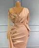 2022 Sexy Plus Size Arabic Luxurious Mermaid Evening Dresses Wear Blush Pink V Neck Beaded Crystals Satin Prom Formal Party Dress Illusion Long Sleeves