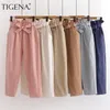 Tigena mignon Bow ceinture pantalon pour femmes été cheville longueur taille haute pantalon femmes coréen rose jaune sarouel femme 201111