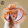 FS Pink Organza Kentucky Derby Hat For Women Wide Brim Beach Big Sun Hats Flowers Elegant Ladies Wedding Church Party Fedoras Y200602