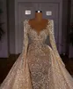 Vestidos De novia De encaje champán con tren desmontable, mangas largas, vestidos De novia con cuentas, batas hechas a medida De Marie