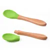 Baby Feeding Spoon Wooden Handle Silicone Spoon Anti-Scald And Fall Resistance Training Spoons