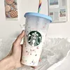 Starbucks-tumbler Herbruikbare plastic beker met deksel en rietje plastic kleurrijke rietje beker koude fles Kleur veranderende Confetti Cold Cup mlH9RU