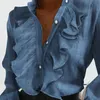 Blusa elegante de gasa con cuello de volantes para Mujer, camisa de manga larga acampanada de primavera, Blusa informal de verano para oficina, Tops con botones para Mujer